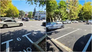 Două fotografii prezintă locuri de parcare marcate pe asfalt, cu mașini parcate și copaci verzi în fundal sub un cer senin.