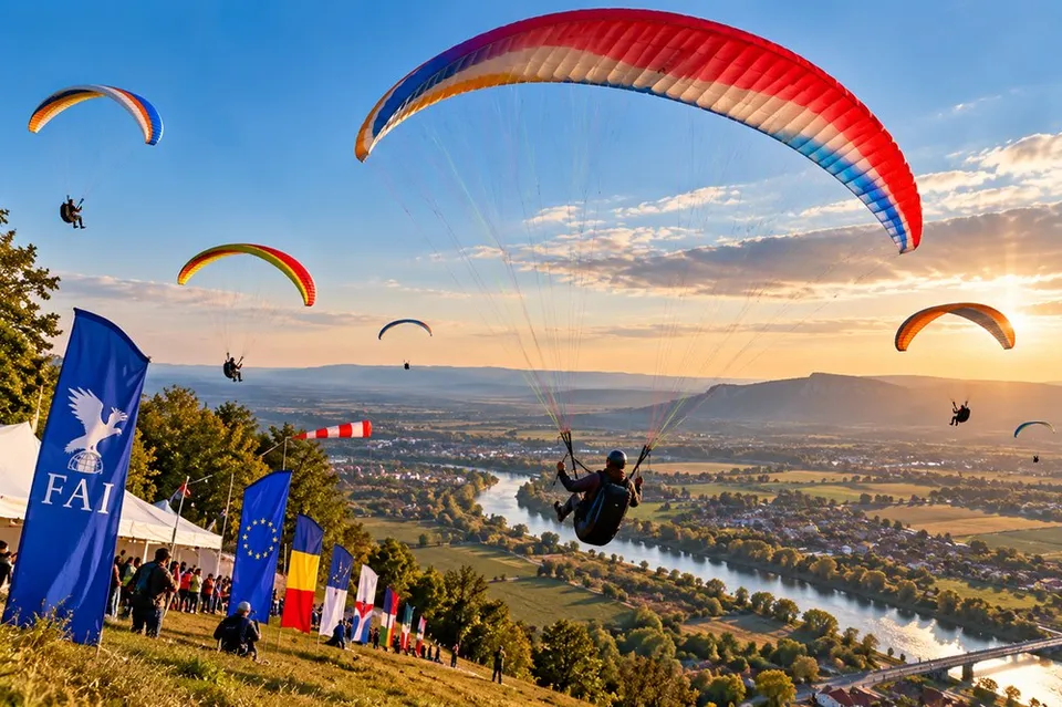 Mai mulți piloți cu parapante zboară pe cerul deasupra unui peisaj cu un râu, dealuri și un oraș la apusul soarelui.