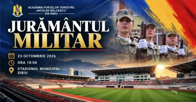 Un afiș prezintă trei soldați în uniformă cu capac, un stadion cu tribune și textul despre jurământul militar.