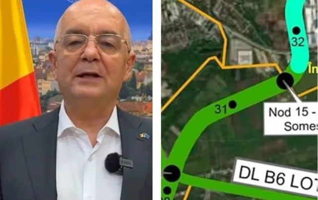Un bărbat cu ochelari și sacou stă în fața unui steag, lângă o hartă cu linii colorate și marcaje numerice pe un fundal de satelit.