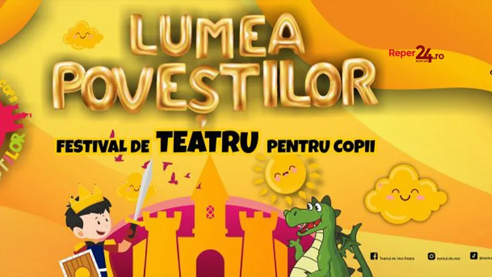 Un afiș colorat prezintă un castel galben, un personaj cu coroană, un dragon verde și elemente precum soare și nori pe un fundal portocaliu.