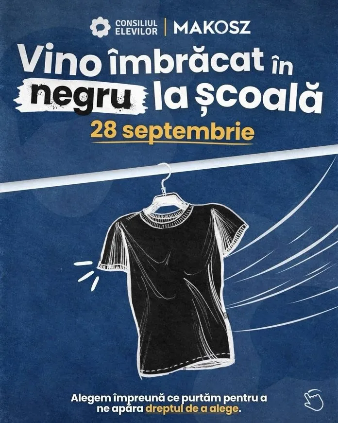 Un poster albastru prezintă o ilustrație a unui tricou negru suspendat pe un umeraș sub un text scris cu litere albe și galbene.