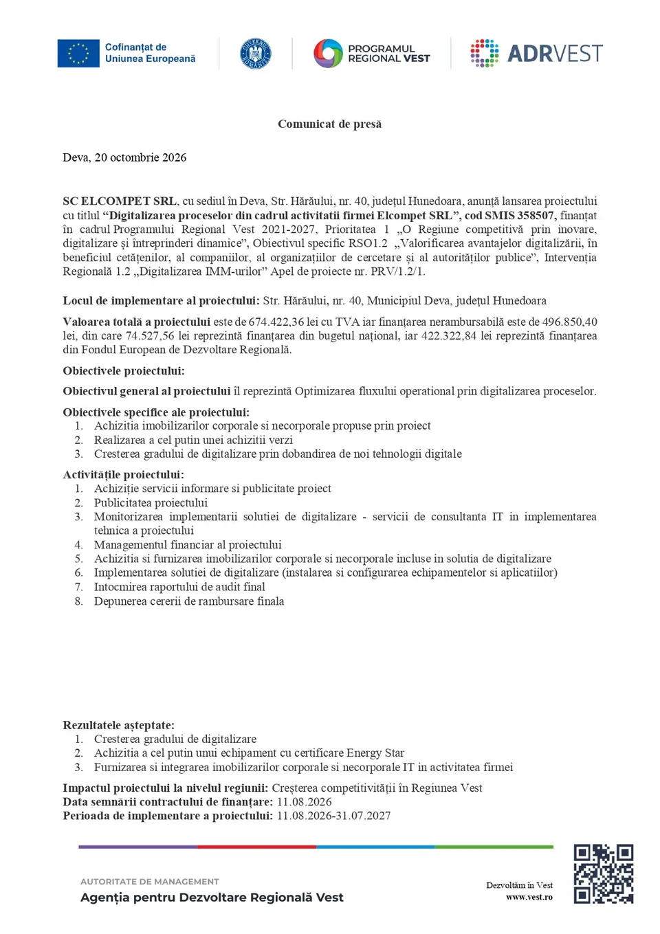 Un document tip comunicat de presă conține text scris pe fundal alb, cu logo-uri colorate în partea de sus și un cod QR jos.