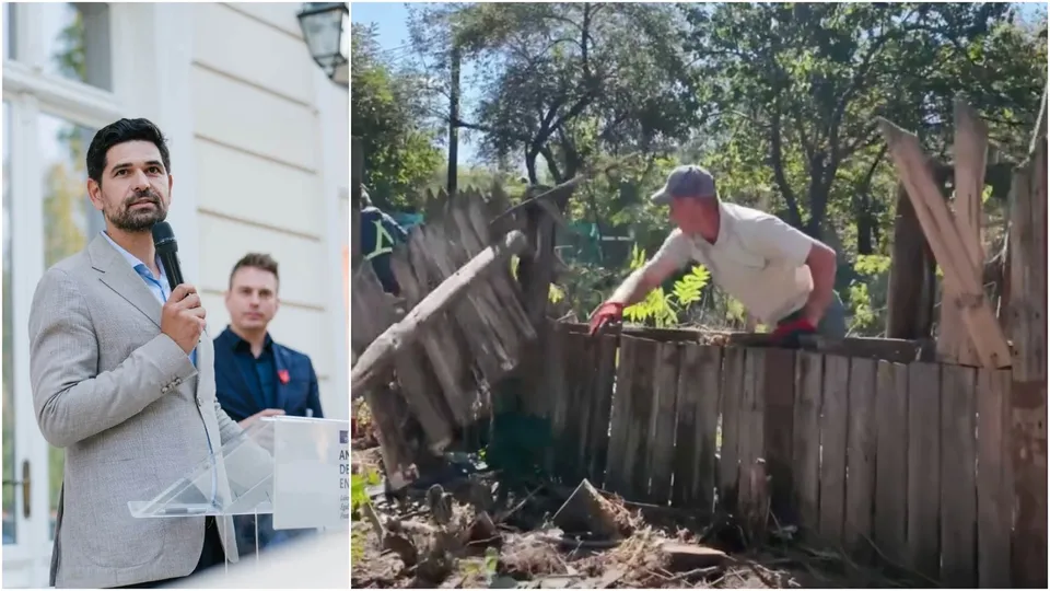 Un bărbat cu cămașă deschisă și pantaloni scurți se apleacă peste un gard de lemn improvizat într-o zonă cu vegetație.