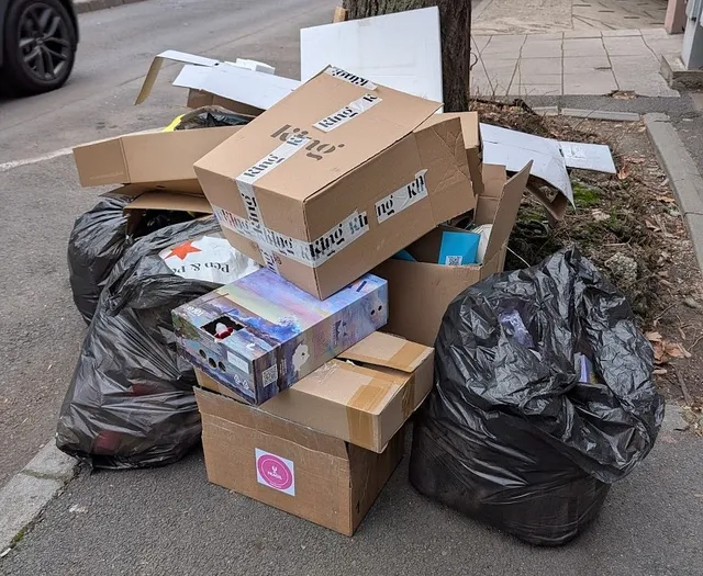 O grămadă de cutii de carton, pungi de gunoi negre și ambalaje diverse este depășită pe trotir lângă un gard și un arbust.