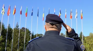 Spatele unui bărbat cu beretă și uniformă întunecată privește un rând de steaguri colorate pe stâlpi înalți sub un cer senin.