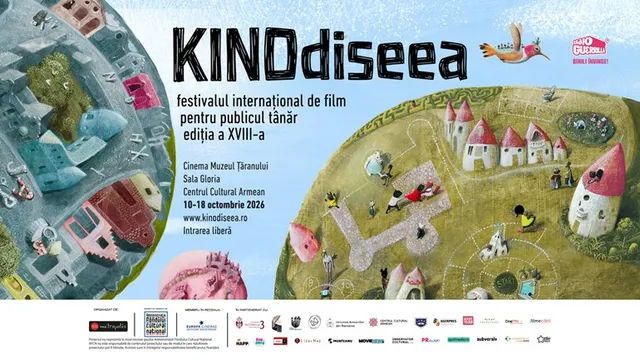 Un afiș colorat prezintă ilustrații stilizate ale unor clădiri mici și vegetație pe un fundal alb, cu textul festivalului de film în partea de sus.