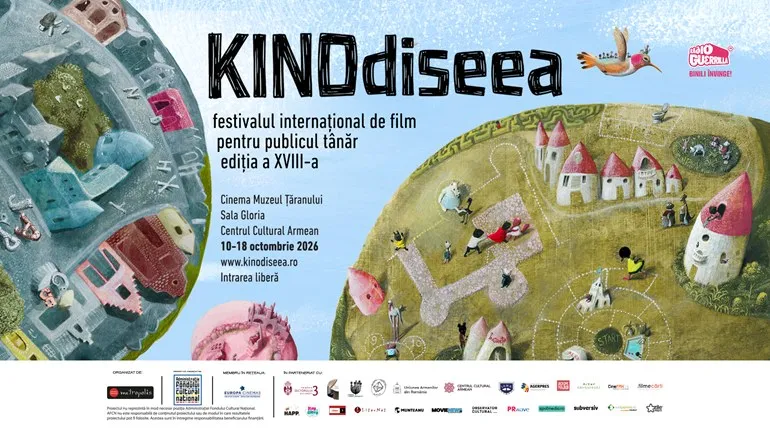 Un afiș colorat prezintă ilustrații stilizate ale unor clădiri mici și vegetație pe un fundal alb, cu textul festivalului de film în partea de sus.
