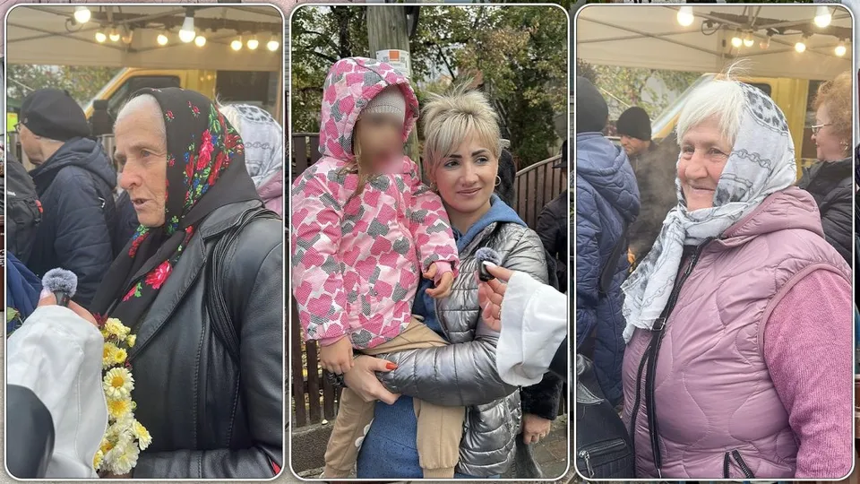 Trei fotografii cu persoane de vârstă și un copil purtând haine de iarnă, în timp ce stau în exterior.