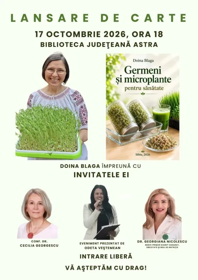 Un afiș prezintă o femeie cu ochi și ochelari ținând o tavă cu plante verzi, alături de o fotografie cu semințe și pahare cu lichid verde.