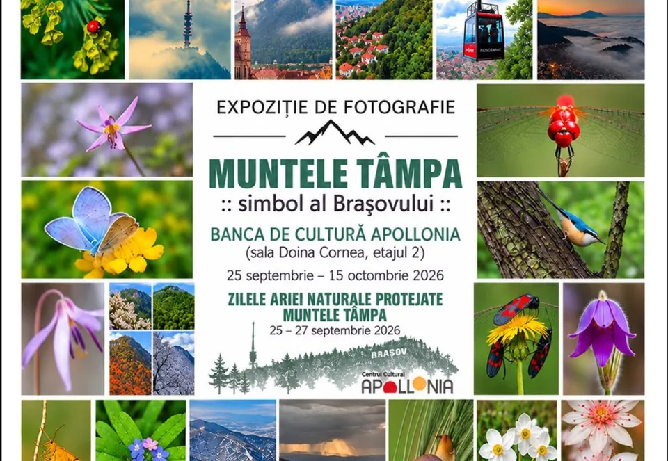 Un colaj format din mai multe fotografii mici cu flori, insecte, păsări, peisaje montane și o telecabină, alături de un text central pe fundal alb.