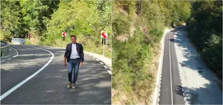 Un bărbat stă pe un drum asfaltat cu linii albe, lângă un viraj, în timp ce o altă imagine prezintă o porțiune de drum asfaltat printre copaci.