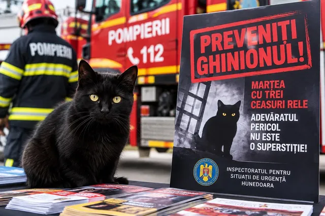 Un motan negru stă pe o masă lângă un afiș și pliante, în fața unui camion de pompieri și al unui pompier.