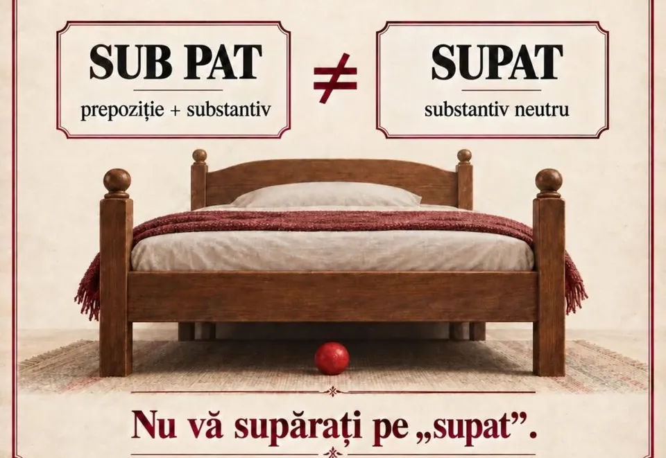 Un pat de lemn cu lenjerie de culoare roșie și albă este plasat pe un covor, având un obiect rotund roșu în fața acestuia.