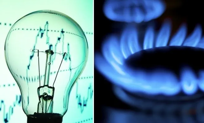 Un colaj format dintr-o bec incandescent pe fundal cu un grafic și flăcări albastre de pe un arzător de gaz.