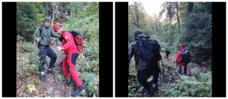 Două fotografii de tip colaj arată persoane cu rucsac și echipament de munte mergând pe un potecă într-o zonă împădurită.
