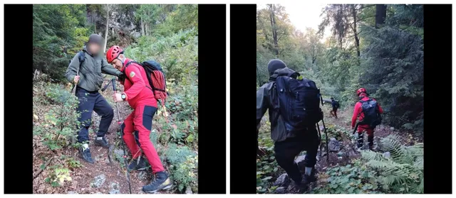 Două fotografii de tip colaj arată persoane cu rucsac și echipament de munte mergând pe un potecă într-o zonă împădurită.