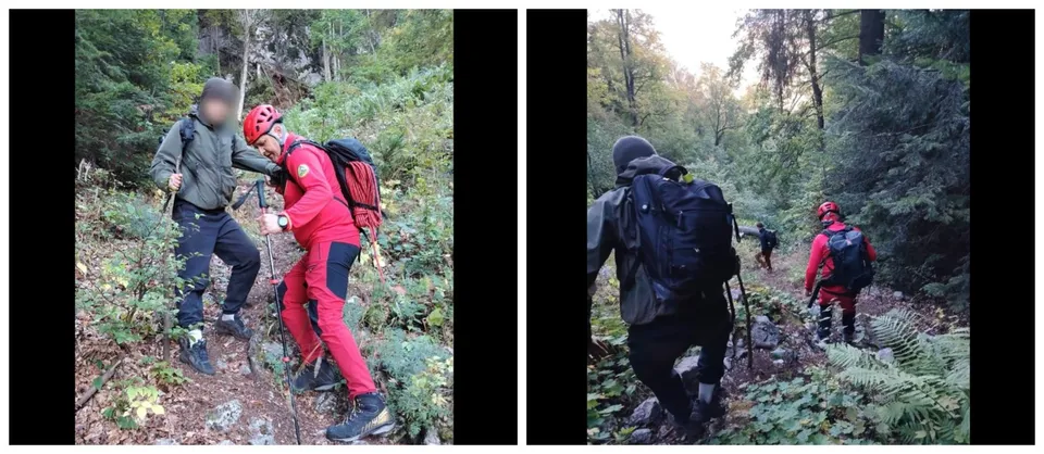 Două fotografii de tip colaj arată persoane cu rucsac și echipament de munte mergând pe un potecă într-o zonă împădurită.