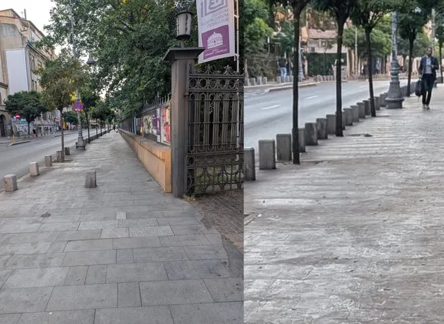 Două fotografii prezintă un trotuar pavat cu pietre gri, delimitat de un gard metalic și de o stradă cu copaci și stâlpi de iluminat.