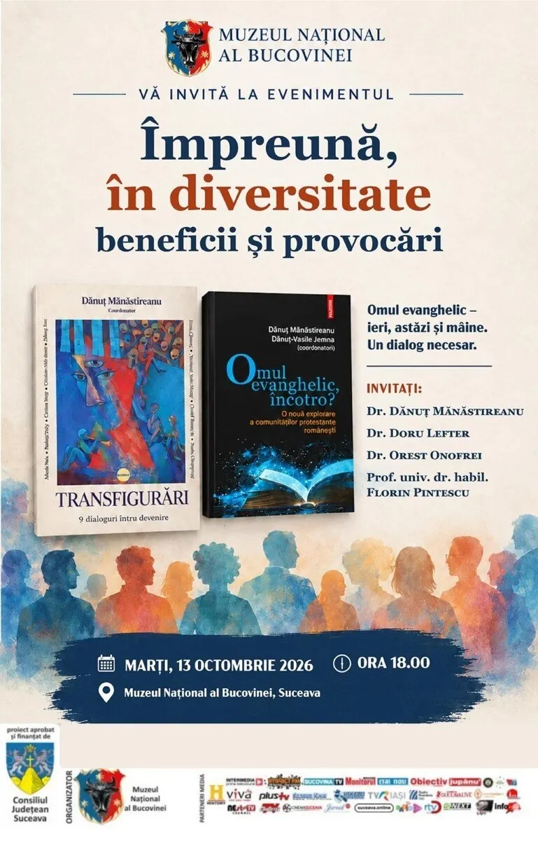 Un afiș prezintă două cărți suprapuse deasupra unor siluete de oameni, pe un fundal cu text informativ și diverse logo-uri în partea de jos.