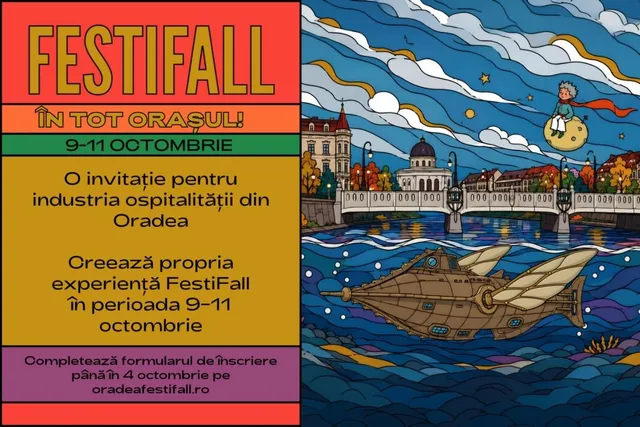Un afiș colorat prezintă un text pe fundal galben și roșu lângă o ilustrație stilizată cu un oraș, un pod și un personaj pe o lună.