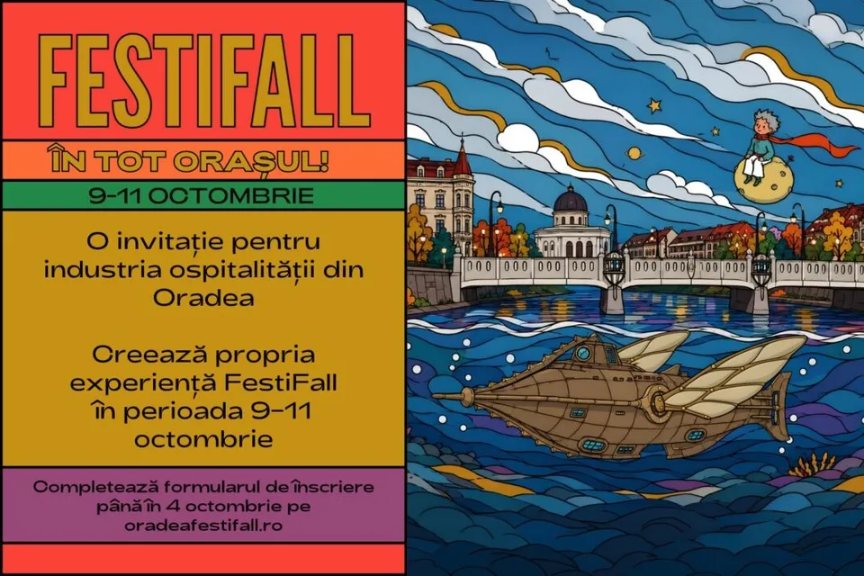 Un afiș colorat prezintă un text pe fundal galben și roșu lângă o ilustrație stilizată cu un oraș, un pod și un personaj pe o lună.