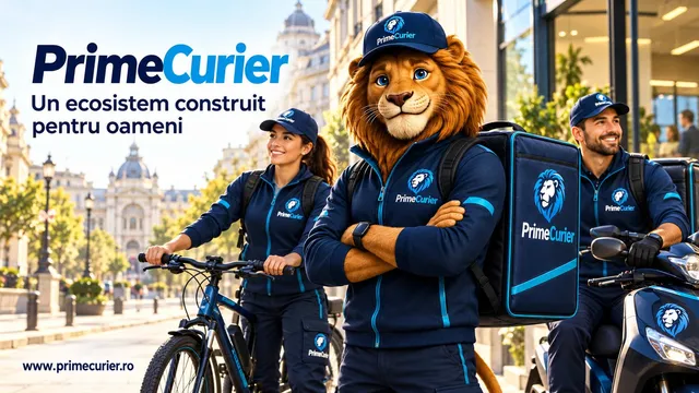 Trei persoane îmbrăcate în uniforme albastre cu logouri, printre care una poartă o mască de leu, stau lângă o bicicletă și o motocicletă într-un oraș.