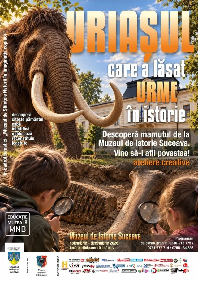 O ilustrație cu un mamut și doi copii care privesc prin lupă spre resturi de oase într-un decor de exterior.