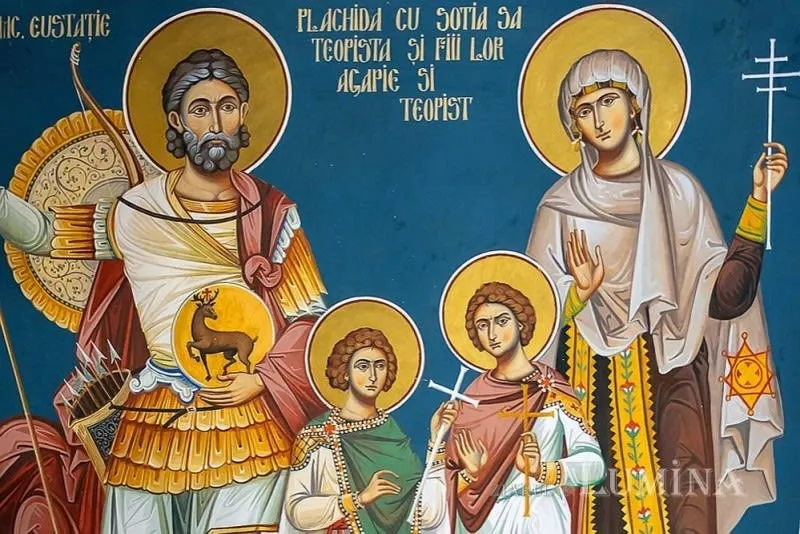 Icoană colorată cu patru figuri cu aureole, doi bărbați și doi tineri, purtând veșminte, scuturi și cruci.
