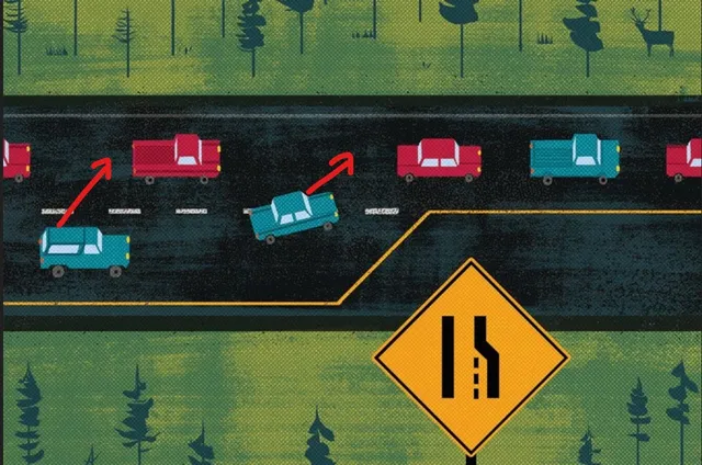 O ilustrație stilizată prezintă mașini pe o autostradă și un semn de circulație care indică reducerea numărului de benzi.