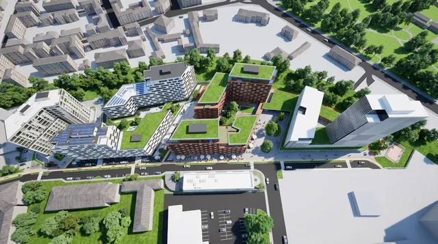 O reprezentare digitală de tip plan de ansură arată mai multe clădiri moderne cu acoperișuri verzi și zone verzi înconjurate de drumuri și parcări.