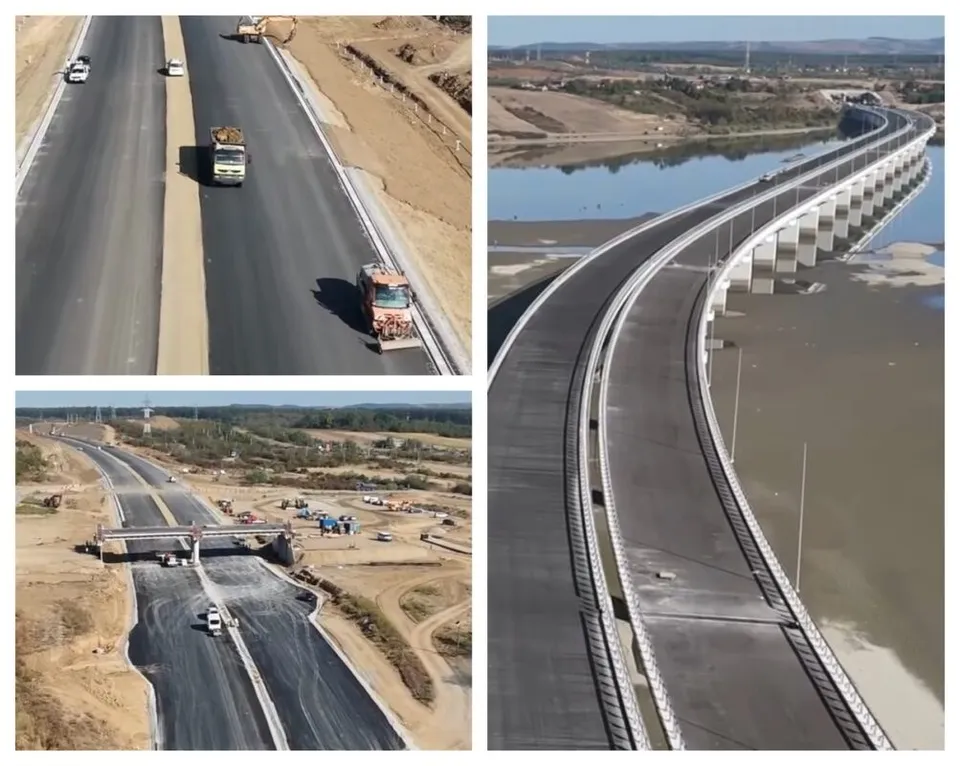 Imagine compusă cu mai multe cadre arătând porțiuni de autostradă în construcție, un viaduct lung peste un râu și vehicule pe carosabil.