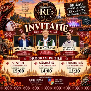 Un afiș informativ prezintă trei bărbați încadrați în rame, elemente de folclor, decoruri de toamnă și detalii despre un program de eveniment.