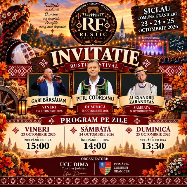 Un afiș informativ prezintă trei bărbați încadrați în rame, elemente de folclor, decoruri de toamnă și detalii despre un program de eveniment.