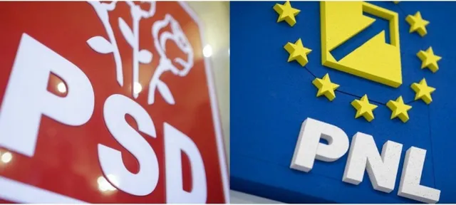 Două panouri cu siglele partidelor politice PSD și PNL, prezentate în două cadre separate, una roșie cu litere albe și una albastră cu litere albe.