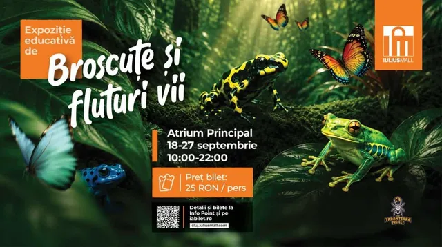 Un afiș cu ilustrații digitale de broscuțe verzi și galbene și fluturi colorați pe un fundal de frunze verzi de junglă.