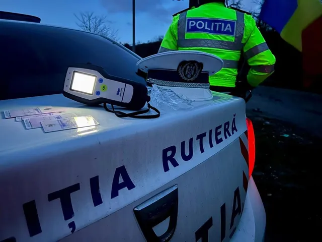 O cască albă de poliție și un aparat de testare alcolimetrică sunt așezate pe portbagajul unei mașini marcate cu textul poliția rutieră.