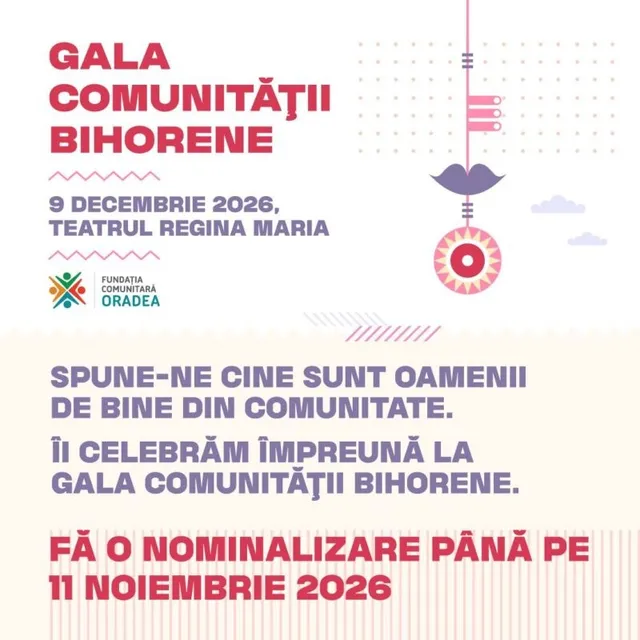 Un afiș cu text roz și violet pe fundal alb, conținând grafice geometrice, un simbol de buze și un cerc roșu.