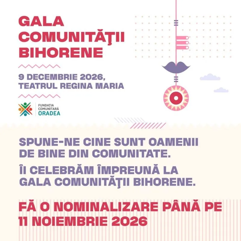 Un afiș cu text roz și violet pe fundal alb, conținând grafice geometrice, un simbol de buze și un cerc roșu.