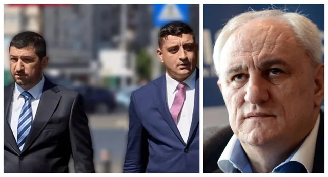 Trei bărbați în costume sunt prezentați, dintre care doi în plan mediu și unul într-un prim plan de tip portret.