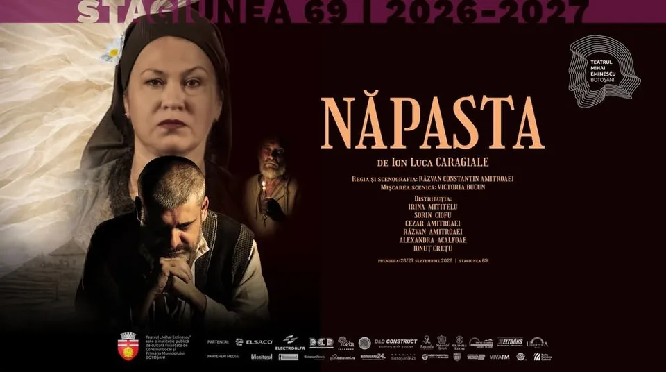 Un poster întunecat prezintă trei actori, dintre care unul este un bărbat cu mâinile împreună și o femeie cu un văl negru.