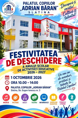 Un afiș colorat prezintă o clădire modernă cu fațadă albă și roșie sub un cer albastru cu nori albi.