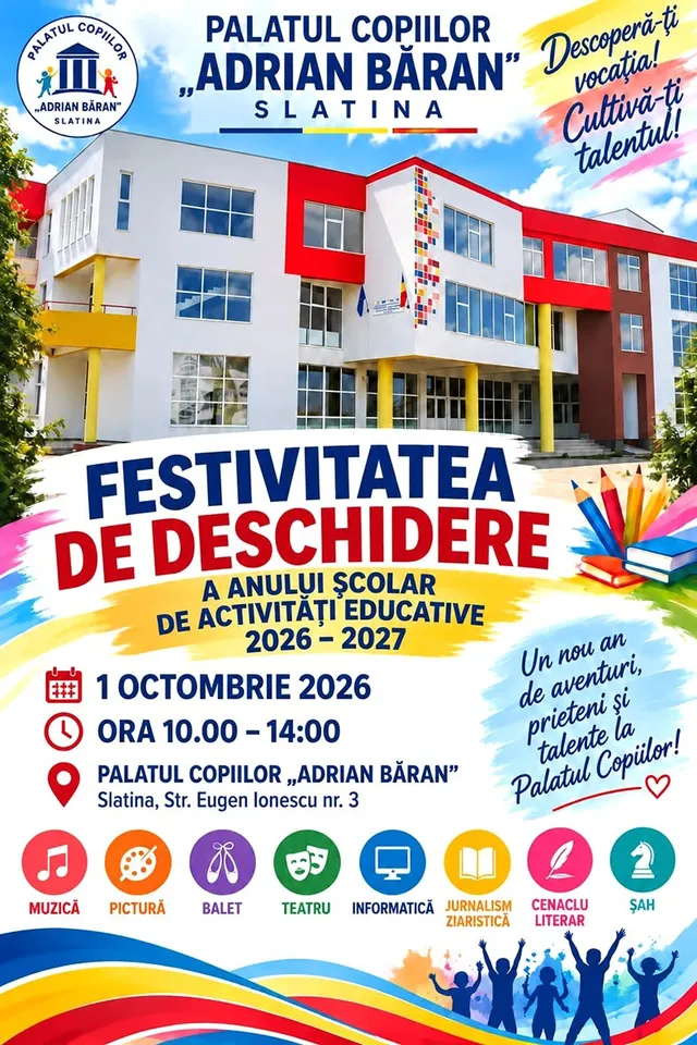 Un afiș colorat prezintă o clădire modernă cu fațadă albă și roșie sub un cer albastru cu nori albi.