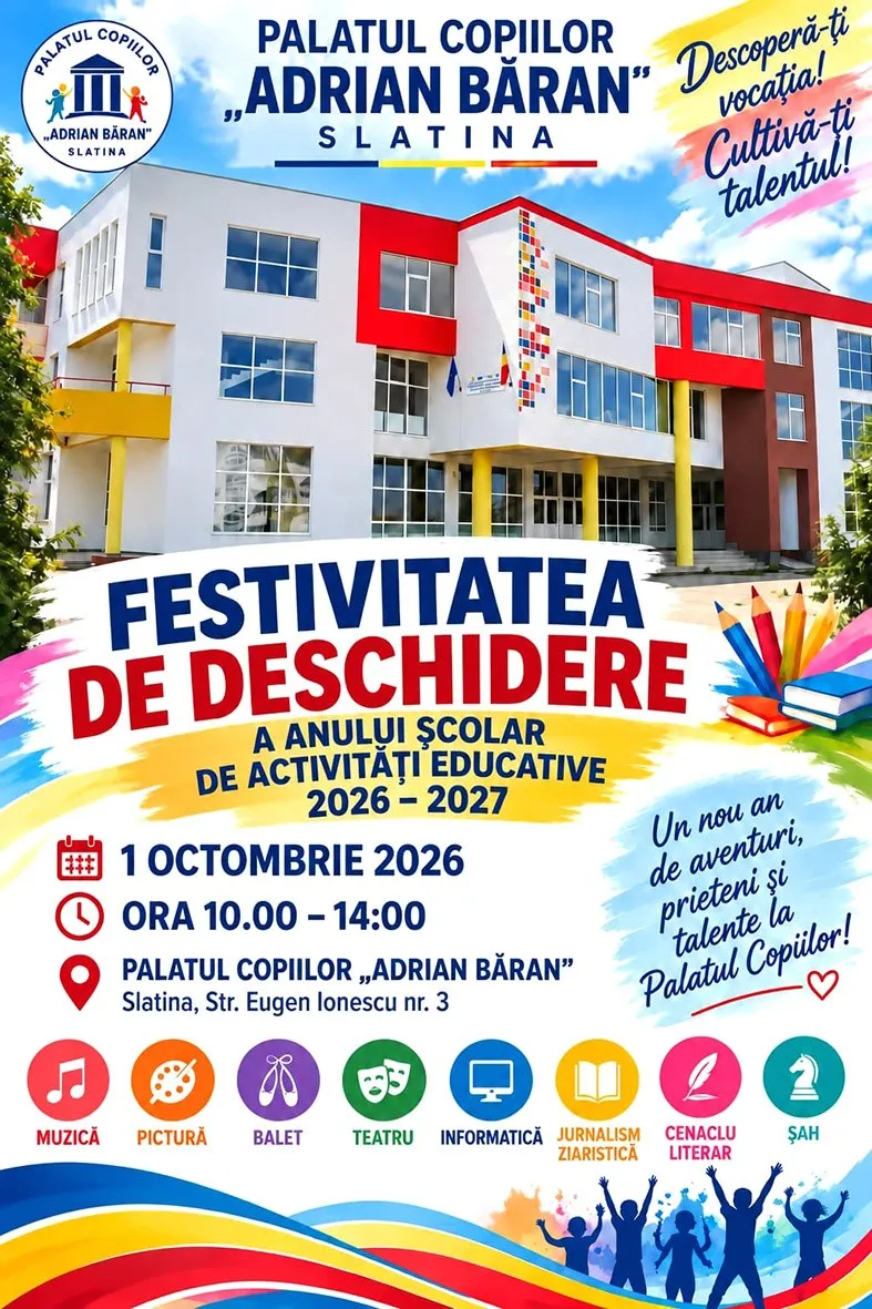 Un afiș colorat prezintă o clădire modernă cu fațadă albă și roșie sub un cer albastru cu nori albi.