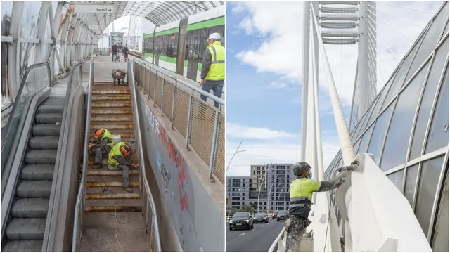 Două imagini prezintă lucrări de reabilitare, incluzând muncitori pe scări și pe o structură metalică albă sub un cer parțial înzăpezit.