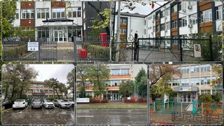 Un colaj de cinci fotografii prezintă diverse clădiri de tip școală sau instituții înconjurate de garduri, copaci și mașini parcate pe un drum umed.