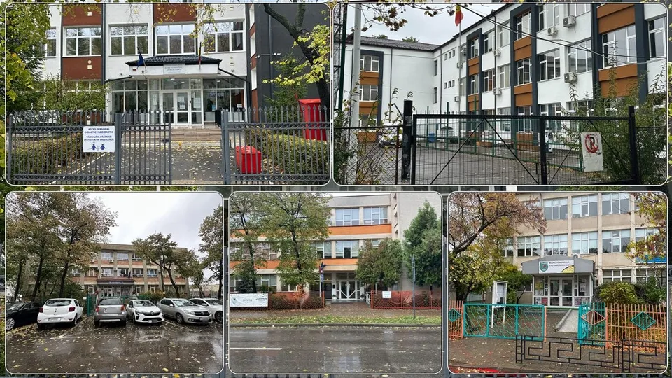 Un colaj de cinci fotografii prezintă diverse clădiri de tip școală sau instituții înconjurate de garduri, copaci și mașini parcate pe un drum umed.