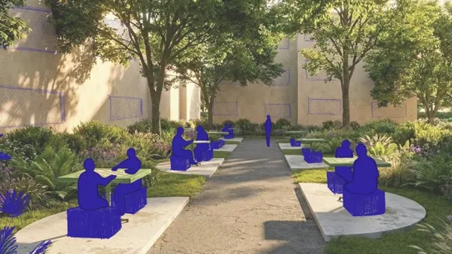 O reprezentare digitală a unui parc cu alei, bănci de beton și plante verzi, având siluete albastre de oameni așezate pe mobilierul urban.