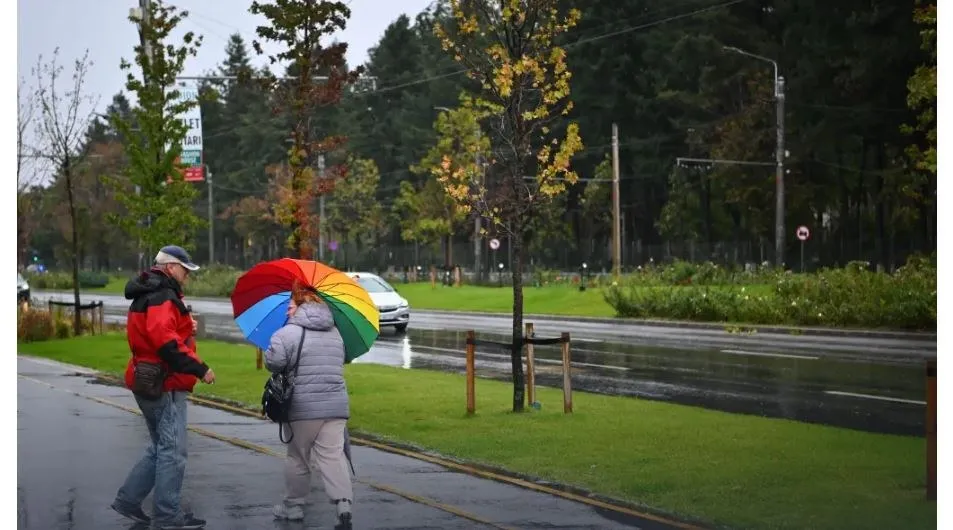 Un bărbat cu o jachetă roșie și o femeie cu o umbrelă multicoloră merg pe un trotuar umed lângă o stradă cu mașini și copaci.