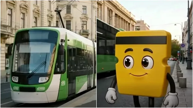 Un tramvai verde și alb este parcat lângă o clădire, iar în partea dreaptă apare un personaj galben de formă dreptunghiulară cu mâini și picioare.